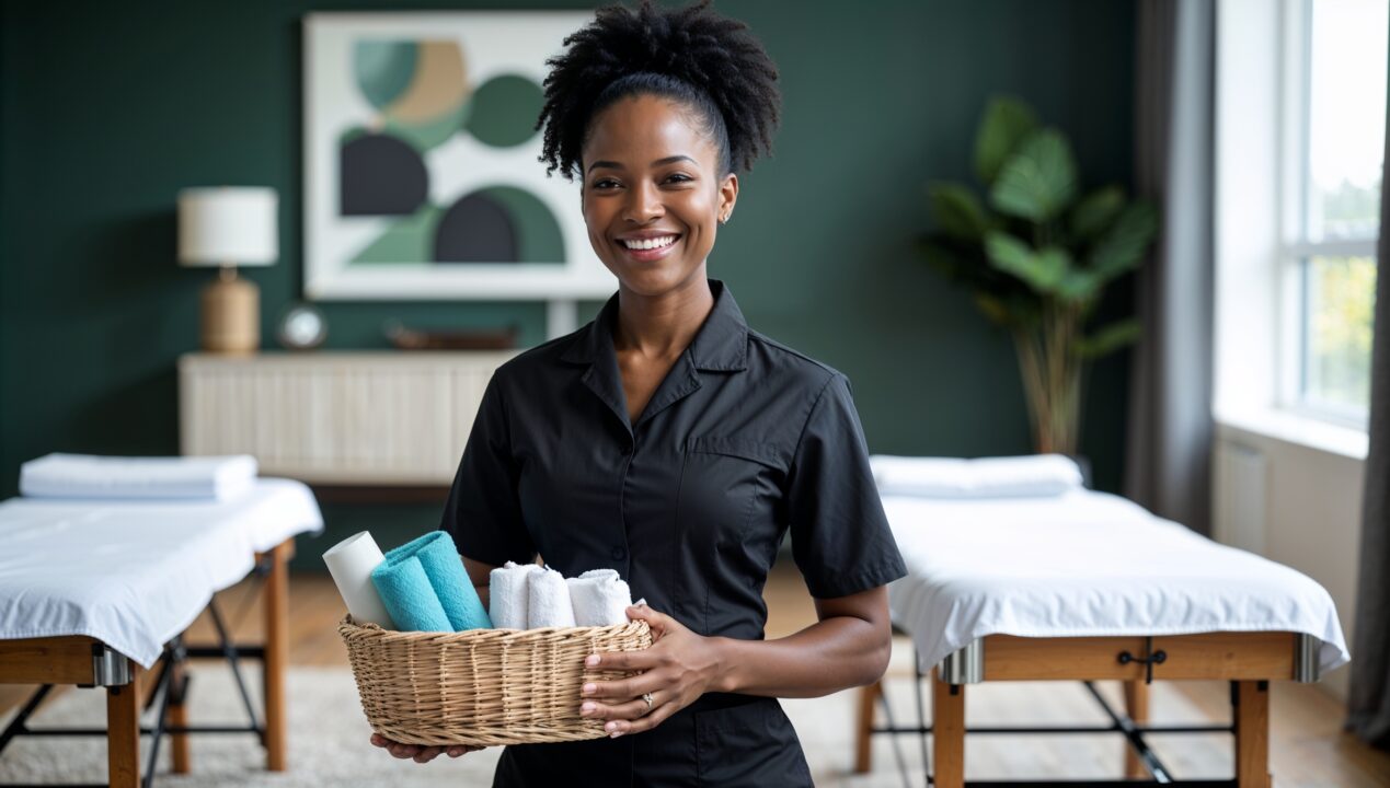 Couples Massage Nashville. A professional masseuse clad in a neat black uniform smiles at the viewer as she holds a basket of massage supplies. Behind her are carefully set up portable massage tables in a wide open livving room with framed art and a potted plant.