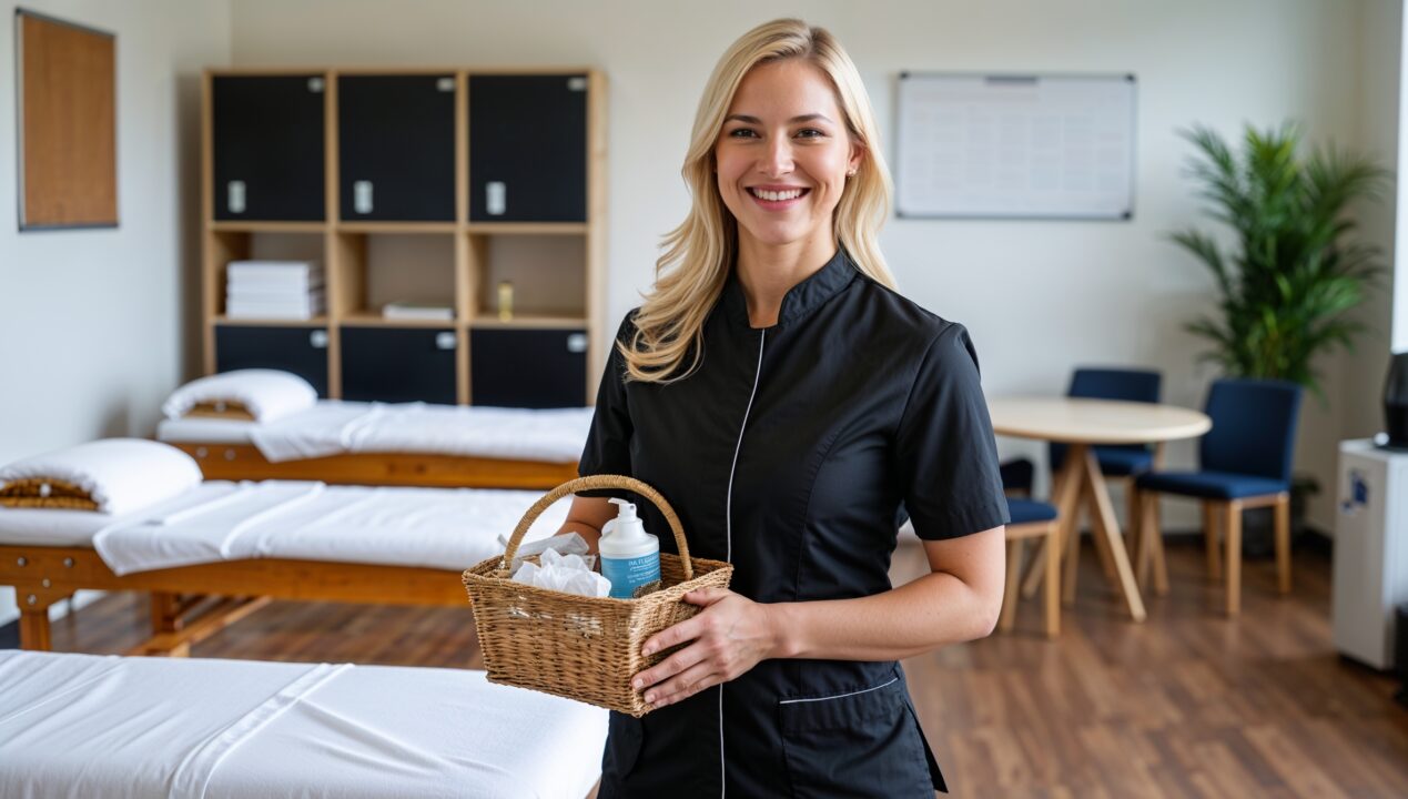 Massage Nashville. A smiling professional masseuse holding a basket with massage essentials in an office breakroom, ready to provide premium mobile massage services in Nashville. Behind her are portable massage tables set up, along with a round table and chairs, a whiteboard, and modular storage.